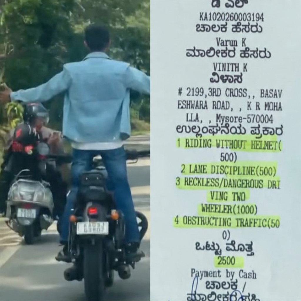ಹೆಲ್ಮೆಟ್ ಇಲ್ಲದೆ ಬೈಕ್ ನಲ್ಲಿ ಹುಚ್ಚಾಟ: ಯುವಕನಿಗೆ ರೂ.2500 ದಂಡ