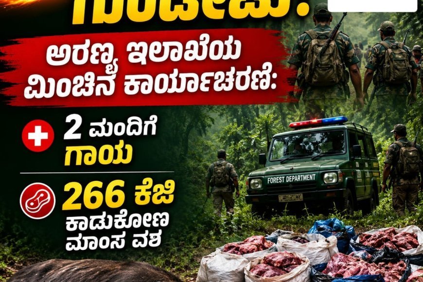 ಬೇಟೆಗಾರರ ಮೇಲೆ ಗುಂಡೇಟು: ಅರಣ್ಯ ಇಲಾಖೆಯ ಮಿಂಚಿನ ಕಾರ್ಯಾಚರಣೆ: 2 ಮಂದಿಗೆ ಗಾಯ, 266 ಕೆಜಿ ಕಾಡುಕೋಣ ಮಾಂಸ ವಶ