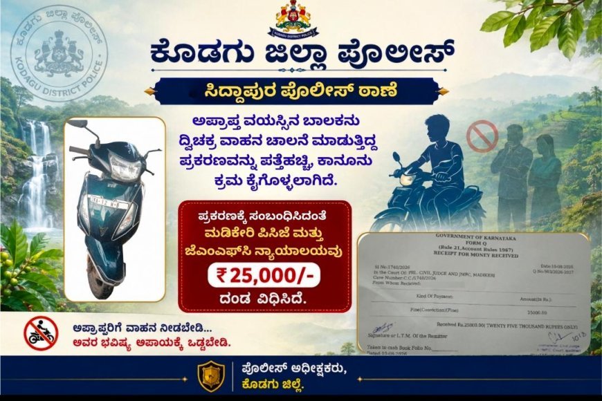 ಸಿದ್ದಾಪುರ:ಅಪ್ರಾಪ್ತ ಬಾಲಕನಿಗೆ ವಾಹನ ನೀಡಿದ ಪ್ರಕರಣ: ಪೋಷಕರಿಗೆ 25,000 ರೂ. ದಂಡ