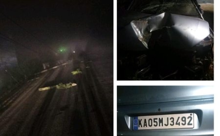 ಗೋಣಿಕೊಪ್ಪ:ಬೆಳ್ಳಂಬೆಳಗ್ಗೆ  ವಿದ್ಯುತ್ ಕಂಬಕ್ಕೆ ಕಾರು ಡಿಕ್ಕಿ