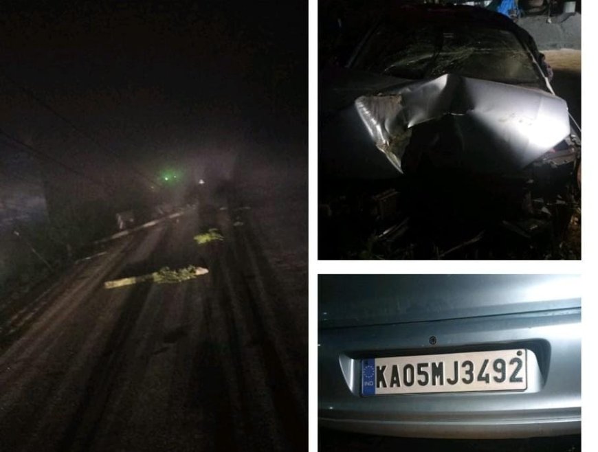 ಗೋಣಿಕೊಪ್ಪ:ಬೆಳ್ಳಂಬೆಳಗ್ಗೆ  ವಿದ್ಯುತ್ ಕಂಬಕ್ಕೆ ಕಾರು ಡಿಕ್ಕಿ