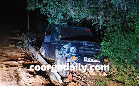 ನೆಲ್ಲಿಹುದಿಕೇರಿ;ಡ್ರಿಂಕ್&ಡ್ರೈವ್, ವಿದ್ಯುತ್ ಕಂಬಕ್ಕೆ ಜಿಪ್ಸಿ ವಾಹನ ಡಿಕ್ಕಿ;ಚಾಲಕನ ವಿರುದ್ಧ ಪ್ರಕರಣ ದಾಖಲು