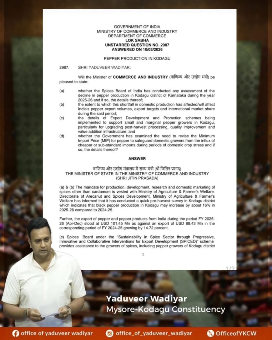 ಕೊಡಗು ಜಿಲ್ಲೆಯಲ್ಲಿ ಕಾಳುಮೆಣಸು ಉತ್ಪಾದನೆಯಲ್ಲಿ ಹೆಚ್ಚಳ