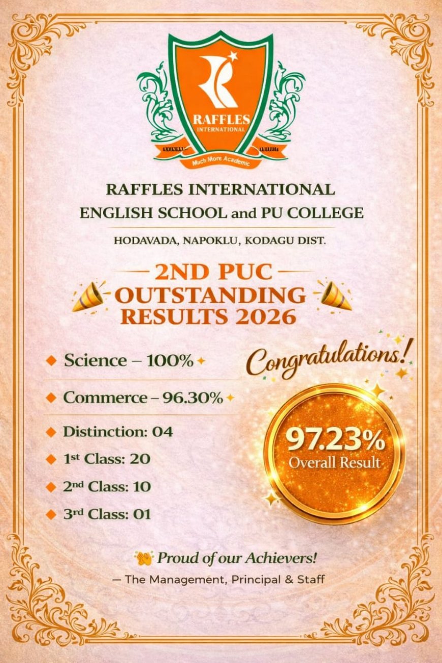 ದ್ವಿತೀಯ ‌ಪಿಯುಸಿ ಫಲಿತಾಂಶ ಪ್ರಕಟ: ರಾಫೆಲ್ಸ್ ಇಂಟರ್ನ್ಯಾಷನಲ್ ‌ಪಿಯು ಕಾಲೇಜಿಗೆ ಶೇಕಡಾ 97.23% ರಷ್ಟು ಫಲಿತಾಂಶ