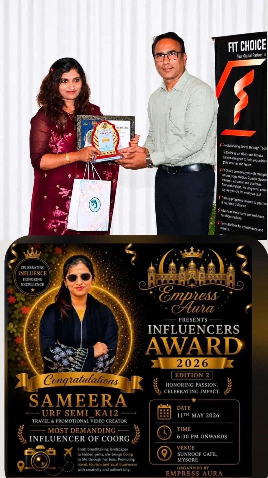 ಕೊಡಗಿನ ಸಮೀರ ಅವರಿಗೆ MOST DEMANDING INFLUENCER OF COORG ಪ್ರಶಸ್ತಿ