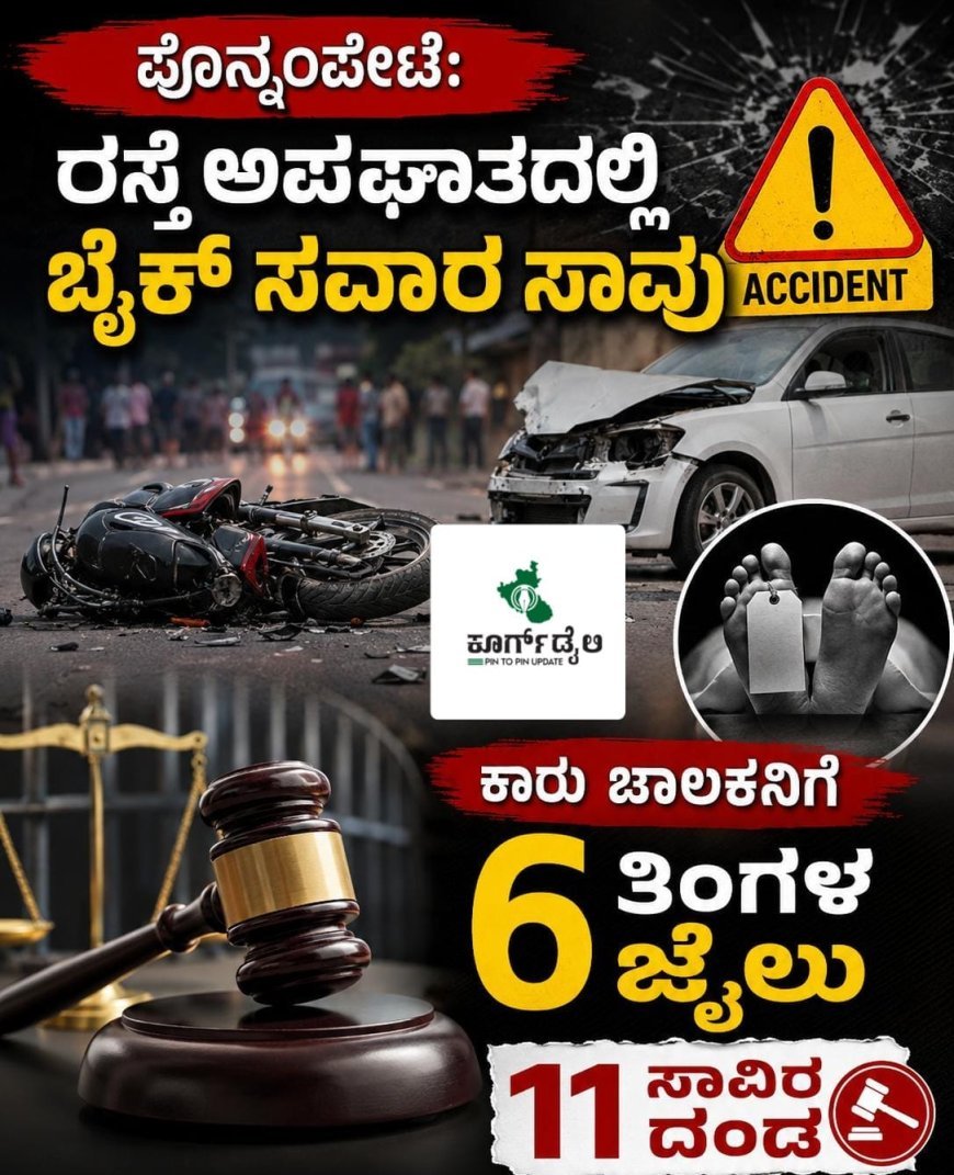 ಪೊನ್ನಂಪೇಟೆ:ರಸ್ತೆ ಅಪಘಾತದಲ್ಲಿ ಬೈಕ್ ಸವಾರ ಸಾವು: ಕಾರು ಚಾಲಕನಿಗೆ 6 ತಿಂಗಳ ಜೈಲು, 11 ಸಾವಿರ ದಂಡ