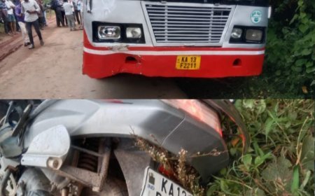 ಬಸ್ ಮತ್ತು ಬೈಕ್ ನಡುವೆ  ಅಪಘಾತ:ಬಸ್ಸಿನ ಚಕ್ರದಡಿ ಸಿಲುಕಿ ಮಹಿಳೆ ಸಾವು