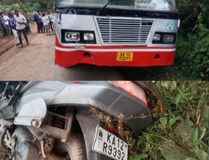 ಬಸ್ ಮತ್ತು ಬೈಕ್ ನಡುವೆ  ಅಪಘಾತ:ಬಸ್ಸಿನ ಚಕ್ರದಡಿ ಸಿಲುಕಿ ಮಹಿಳೆ ಸಾವು